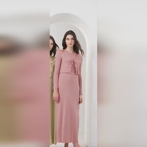 Soft Pink Ribbed Tie-Front Crop Cardigan Set